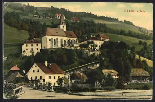 AK Stadl a. Mur, Ortsansicht mit Kirche von der Murbrücke aus