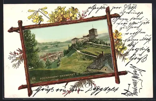Lithographie Neumarkt, Teilansicht mit Forchtenstein, Holzrahmen, Blumen