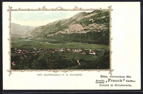 Lithographie Teufenbach, Gesamtansicht mit Puxberg aus der Vogelschau, Holzrahmen