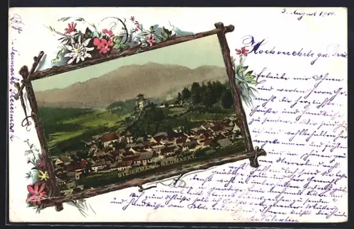 Lithographie Neumarkt, Totalansicht mit Turmgebäude u. Bergen, Holzrahmen, Blumen