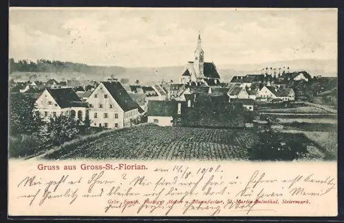 AK Gross-St.-Florian, Ortspanorama mit Feldern u. Kirche aus der Vogelschau