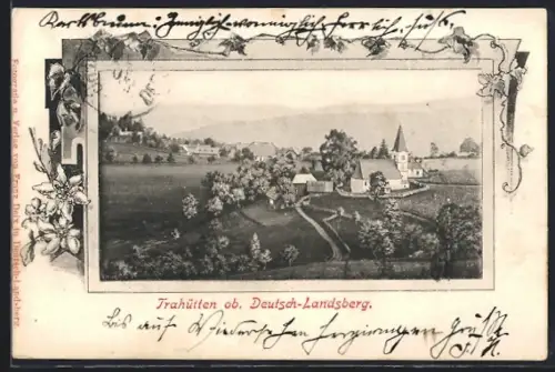 AK Trahütten ob. Deutsch-Landsberg, Ortsansicht mit Kirche u. Anlage aus der Vogelschau, Rahmen, Edelweiss