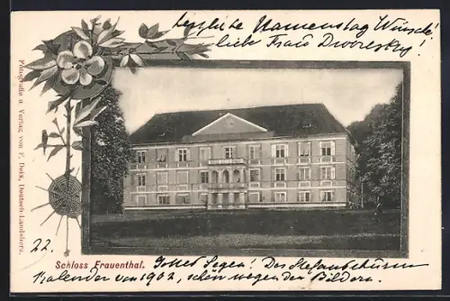 AK Frauenthal, Schloss Frauenthal, Glücksklee, Spinnennetz, Rahmen