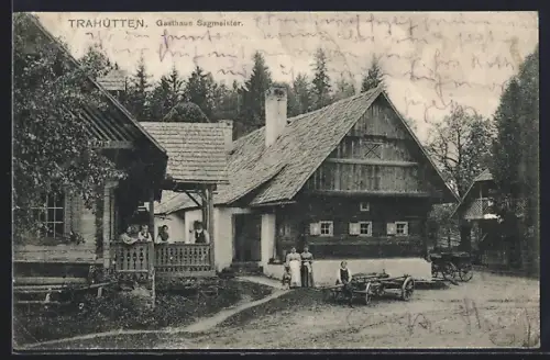 AK Trahütten, Gasthaus Sagmeister mit kleiner Versammlung u. Strasse