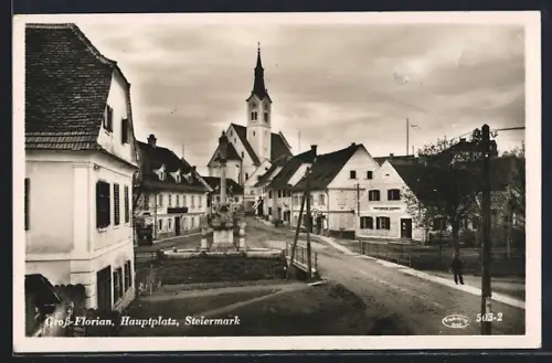 AK Gross-Florian /Steiermark, Hauptplatz mit Kirche und Denkmal