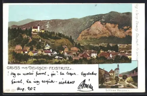 AK Deutsch-Feistritz, Schloss Waldstein mit Anlagen, Totalansicht mit Bergpanorama
