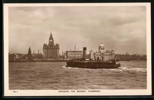 AK Liverpool, Crossing the Mersey, Ferry boat approaching The Royal Liver Building