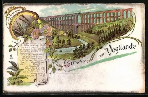 Lithographie Netzschkau, Blick auf die Göltzschtalbrücke
