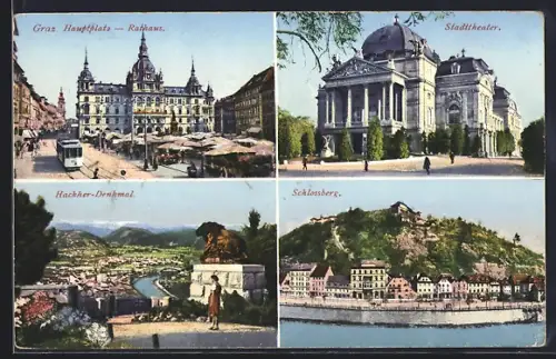 AK Graz, Hauptplatz mit Rathaus, Stadttheater, Hackher-Denkmal, Schlossberg