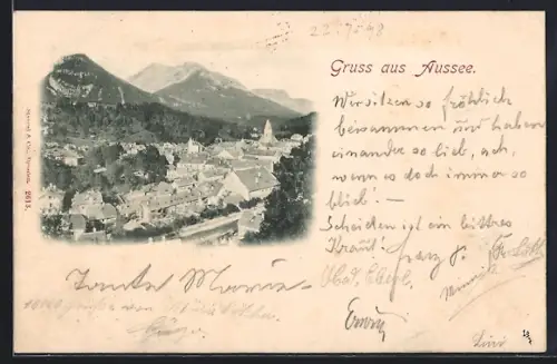 AK Aussee, Totalansicht mit Bergpanorama