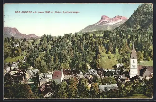 AK Bad Aussee /Salzkammergut, Ortsansicht mit Kirche und Loser