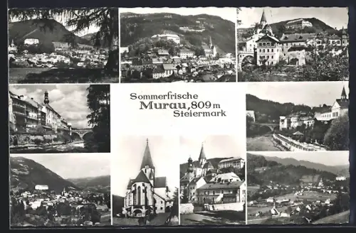 AK Murau /Steiermark, Partie an der Mur, Kirche, Bogenbrücke über die Mur