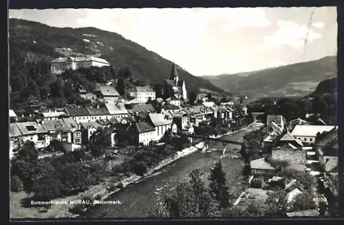 AK Murau /Steiermark, Ortsansicht mit Kirche und Fluss Mur