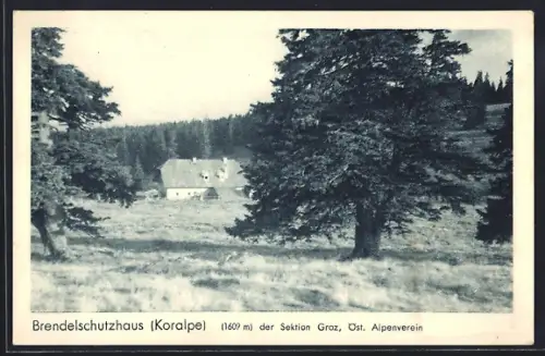 AK Brendelschutzhaus /Koralpe, Blick auf das Schutzhaus vom Feld aus