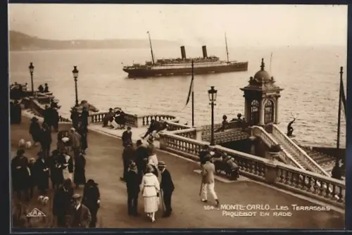 AK Monte-Carlo, Les Terrasses, Paquebot en Rade