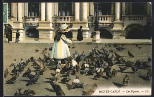 AK Monte-Carlo, Les Pigeons, Mädchen beim Taubenfüttern