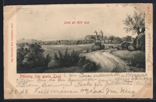 Lithographie Hälsning, Panorama fran gamla Lund