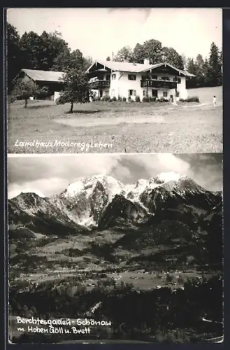 AK Berchtesgaden-Schönau, Ortsansicht mit hohen Göll u. Brett, Gasthaus Moderegglehen
