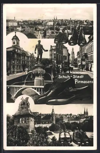 AK Pirmasens, Teilansicht, Strassenpartie mit Geschäften Brunnen, Schuhe