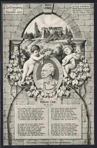 AK Sasbach / Rhein, Eduard Jost, Pfälzer Lied, Ruine Limburg