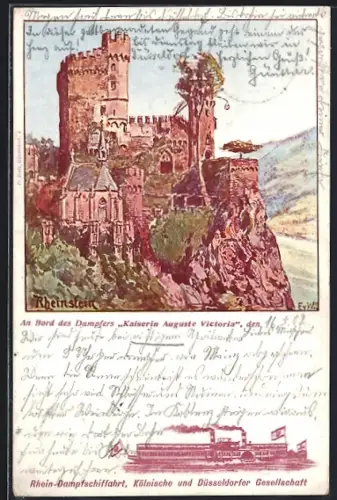 AK Rheinstein, Blick auf die Burg, An Bord des Dampfers Kaiserin Auguste Victoria, Rhein-Dampfschiffahrt
