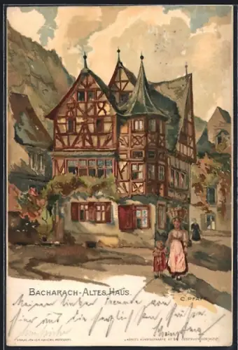 Künstler-AK C. Pfaff: Bacharach, Altes Haus, Mutter mit Kind