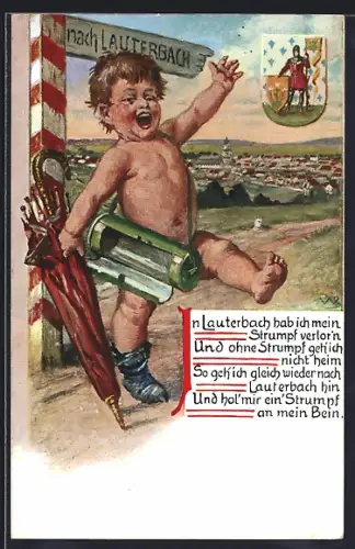 Künstler-AK Lauterbach / Hessen, Junge ohne Strumpf am Wegweiser und Teilansicht, Wappen