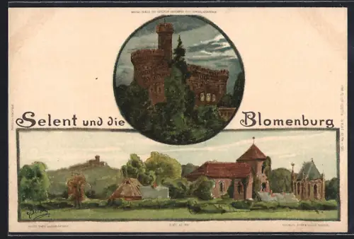Lithographie Selent, Ortsansicht und die Blomenburg