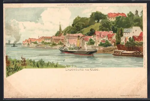 Künstler-AK Carl Biese: Lauenburg an der Elbe, Teilansicht, Elbdampfer