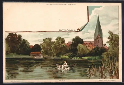 Lithographie Eutin, Kirche und Boot
