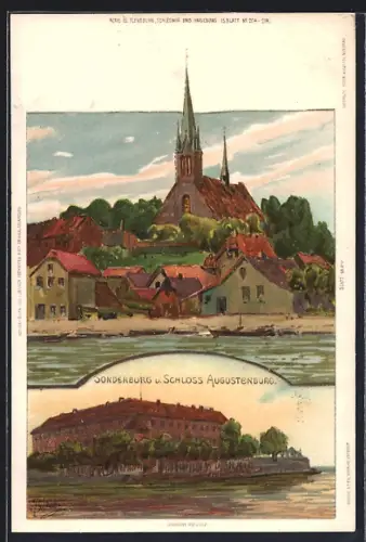 Künstler-AK Sonderburg, Schloss Augustenburg, Teilansicht mit Kirche