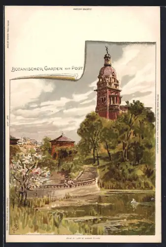 Künstler-Lithographie Carl Biese: Hamburg-St.Pauli, Botanischer Garten mit Post