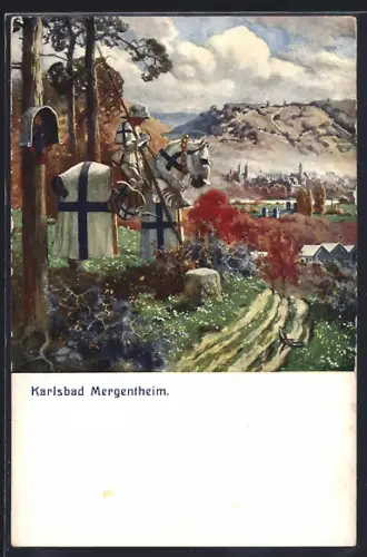 Künstler-AK Bad Mergentheim, Ritter in Rüstung mit Stadtansicht