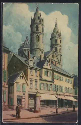 Lithographie Worms, Dom vom Neumarkt