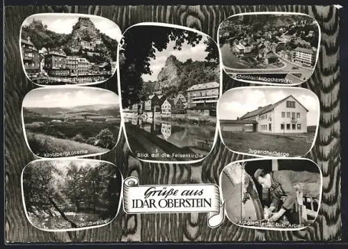 AK Idar-Oberstein, Burgruine mit Felsenkirche, Klotzbergkaserne, Achatschleifer b. d. Arbeit