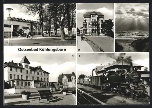 AK Kühlungsborn /Bad Doberan, FDGB-Meerwasserschwimmhalle, Café Jochen Weigert, Bahnhof Kühlungsborn West