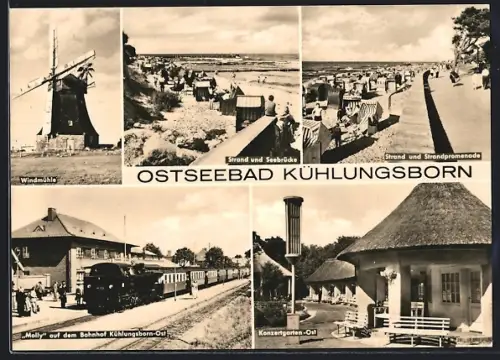 AK Kühlungsborn, Windmühle, Eisenbahn Molly, Strand und Seebrücke, Konzertgarten-Ost