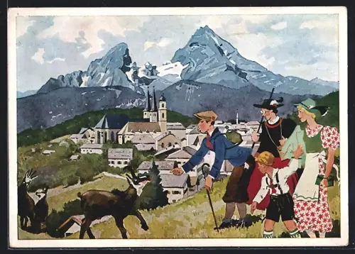 Künstler-AK Berchtesgaden, Watzmann, Kirche, Familie mit Gämsen