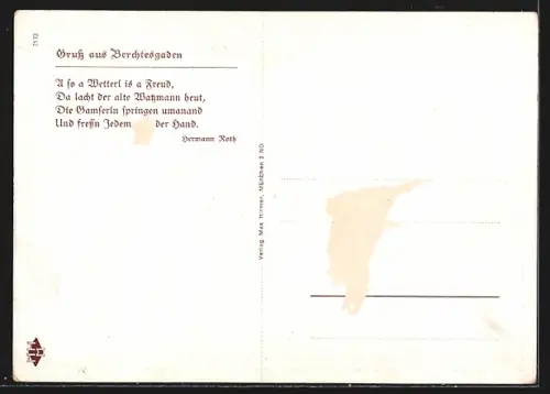 Künstler-AK Berchtesgaden, Watzmann, Kirche, Familie mit Gämsen