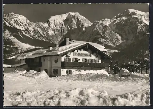 AK Schönau / Königssee, Gasthaus Kohlhiasl mit Hohem Göll und Brett