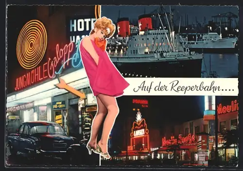 AK Hamburg-St.Pauli, Reeperbahn, Jungmühle Galopp, Nachtleben, Hafen, Moulin Rouge
