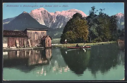 AK Berchtesgaden, Böcklweiher, Hoher Göll, Brett, Bootshäuser, See