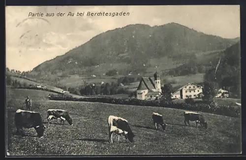 AK Berchtesgaden, Landschaftspartie aus der Au mit Kirche
