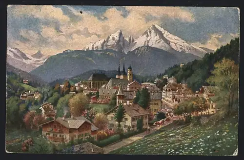 Künstler-AK Berchtesgaden, Ortsansicht mit Kirche und Watzmann