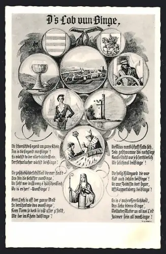 AK Bingen /Rhein, Rheinansicht, Hildegard von Bingen, Wappen, Weinglas