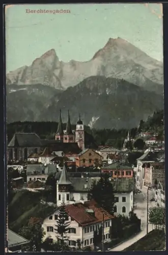 AK Berchtesgaden, Ortsansicht mit Kirche und Watzmann