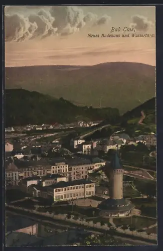 AK Bad Ems, Neues Badehaus und Wasserturm
