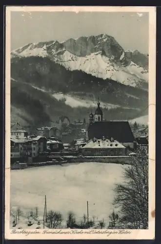 AK Berchtesgaden, Franziskanerkirche mit Untersberg im Winter