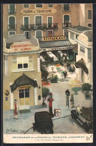 Künstler-AK Chambéry, Restaurant de la Maison du Tourisme avec terrasses animées et voitures vintage