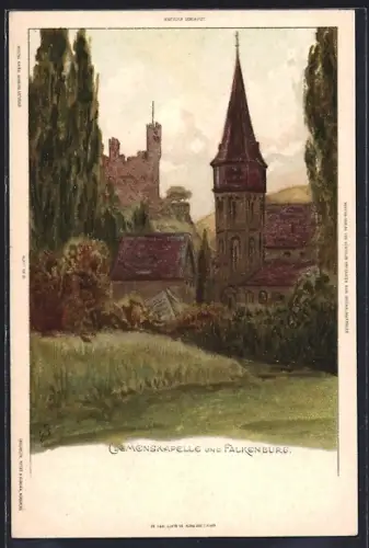 Künstler-AK C. Biese: Trechtingshausen, Clemenskapelle und Falkenburg, Ortsansicht
